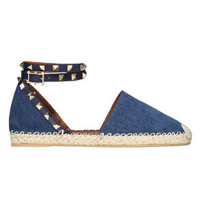 Valentino Rockstud Blue Denim Jean Wrap Around Ankle Strap Espadrille Flat 36